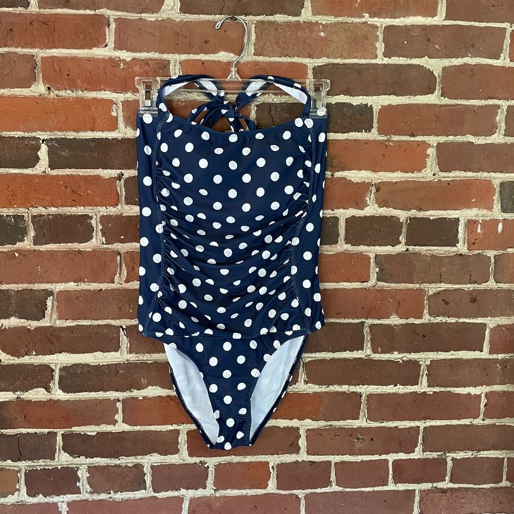 WalkOnBeach Shirring Halter One Piece Swimsuit in Polka Dot, size Medium
